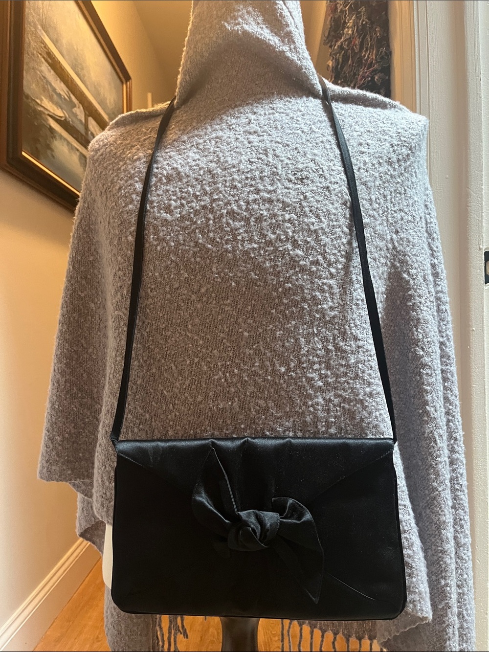 Gucci Bag 60’s-70’s.  Black satin evening bag/clutch with Gucci Knight crest